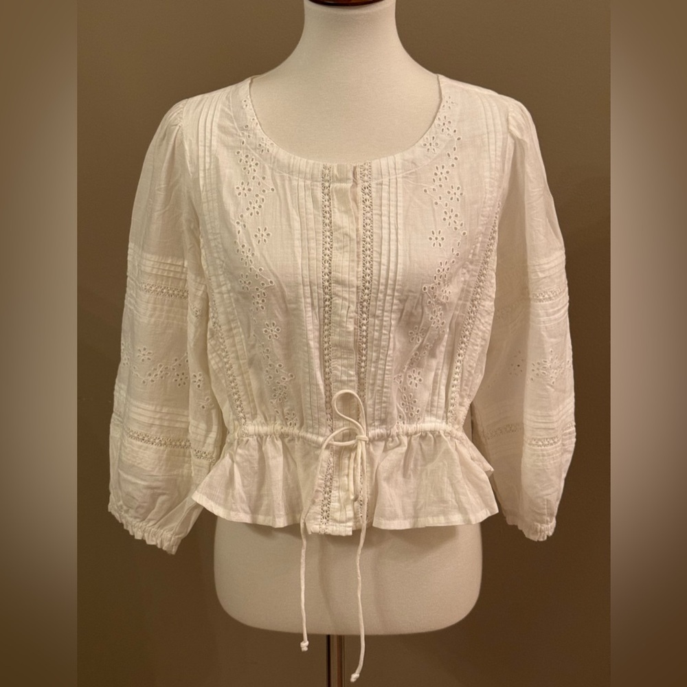 Joie White Daisy Chains Eyelet Tie Front Snap Button 3/4 Sleeve Blouse